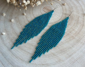 Seed bead earrings Sea bead earrings Marine earrings Fringe bead earrings Long fringe earrings Turquoise earrings Emerald earrings Gift