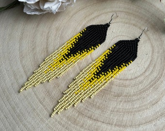 Bead earrings Ombre earrings Fringe earrings Long fringe earrings Bright earrings Handmade jewelry Black Yellow earrings Modern earrings