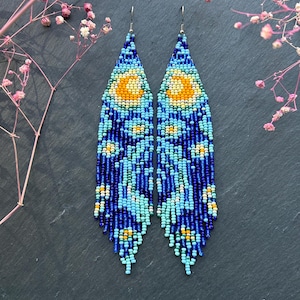 Beaded earrings Van Gogh Fringe earrings in Van Gogh style Starry night dangle earrings Artistic earrings Boho earrings Long earrings