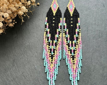 Beaded earrings Fringe earrings Multicolor earrings Native earrings Long Earrings Statement earring Handmade earrings Black earrings Gift