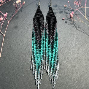 Beaded earrings Black green silver beaded earrings Boho earrings Long earrings Ombre earrings Fringe beaded earrings Native earrings