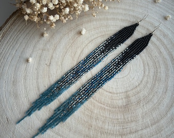 Bead earrings Long ombre earrings Black blue very long earrings Extra long earrings Seed bead earrings Fringe bead earrings Boho earrings