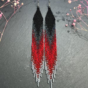 Bead earrings Black red silver beaded earrings Fringe earrings Boho earrings Long earrings Ombre earrings Native earrings Handmade earrings