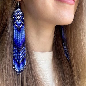Bead earrings Blue beaded earrings Fringe earrings Long beaded earrings Native earring Boho earrings Bohemian earrings Handmade earrings