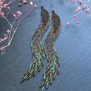 Bead earrings Green beaded earrings Extra long earrings Fringe earrings Boho earrings Native earrings Unique earrings Handmade earrings