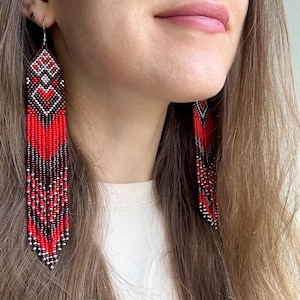 Bead earrings Red beaded earrings Long earrings Native earrings Fringe earrings Boho earrings Handmade earrings Unique earrings Gift for her