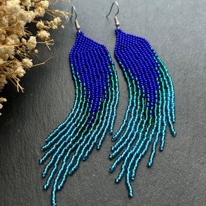 Beaded earrings Blue bead earrings Long ombre earrings Gradient beadwork earring Beaded boho earrings Fringe bead earrings Native earrings