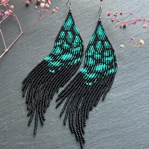 Bead earrings Black green beaded earrings Fringe earrings Native earrings Long beaded earrings Boho earrings Handmade earrings Gift for her