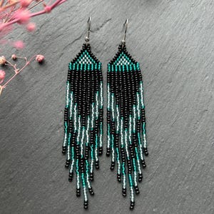 Bead earrings Black green beaded earrings Fringe earrings Native earrings Unique earrings Boho earrings Handmade jewelry Statement earrings