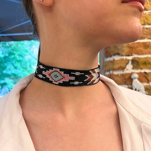 Beaded choker Black pink turquoise choker Necklace native pattern Native necklace Beaded short necklace Boho necklace Minimalist choker