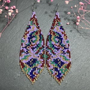 Beaded earrings Purple red blue beaded earrings Fringe earrings Multicolor earrings Boho earrings Long earrings Native earrings Gift for her