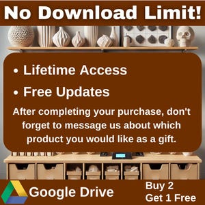 May include: A brown background with white text that reads "No Download Limit!" and "Lifetime Access" and "Free Updates". Below the text is a shelf with various decorative objects. Below the shelf is a row of drawers with a Google Drive logo and the text "Google Drive". Below the drawers is a brown background with white text that reads "Buy 2 Get 1 Free".