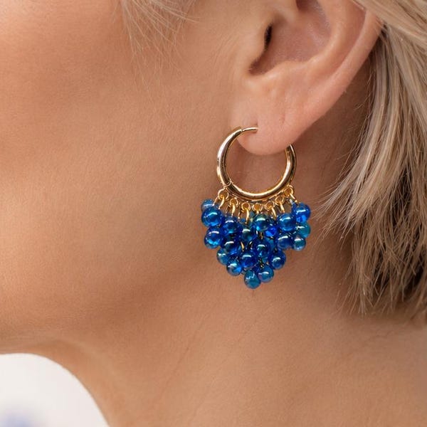 Blue Cluster Hoop Earrings, Gold Huggie Hoop Earrings, Cobalt Blue Beaded Earrings, Lightweight Statement Jewelry, Gift for Her