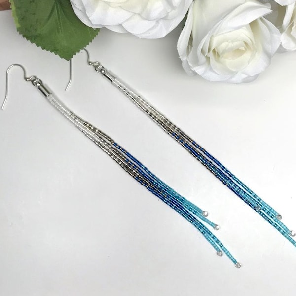 Blue Ombre Beaded Earrings – Long Handmade Dangle Jewelry