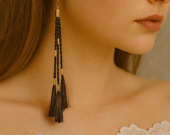 Silk Tassel Earrings: Long Boho Braid with Gold Beads