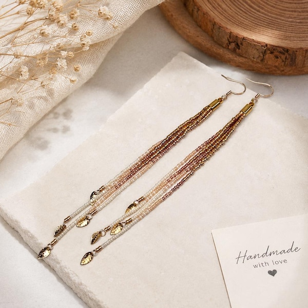 Gold Ivory Beaded Tassel Earrings, Long Dangle, Lightweight Boho,  Handmade Seed Bead Earrings, Gift for Her, Gold Autumn.