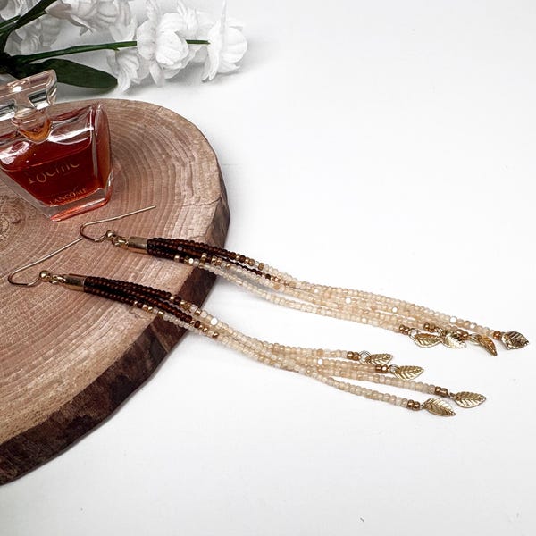 Boho Beaded Tassel Earrings, Long Fringe Earrings, Gold Leaf, Cream Brown Seed Beads, Lightweight Handmade Jewelry, Gift for Her, Charlotte