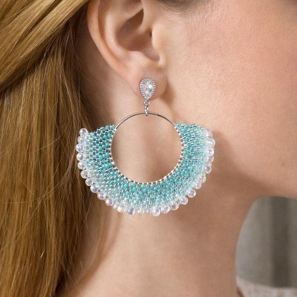 Turquoise Crescent Hoop Earrings | Miyuki Glass Beaded, Handmade