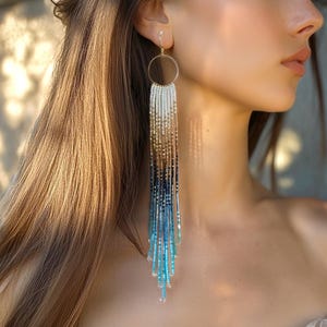 Ombre Blue Gold White Beaded Fringe Earrings Long Handmade Dangle with Hoop Statement Lightweight Jewelry Ocean-Inspired Gifts for Her