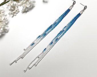 Blue & White Beaded Fringe Earrings: Handmade Lightweight Dangle Jewelry