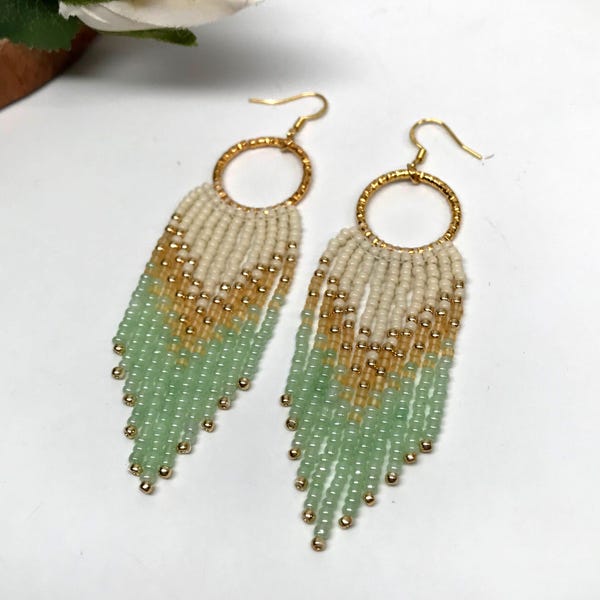 Handmade Beaded Fringe Earrings – Gold, Green, and Ivory Boho Jewelry
