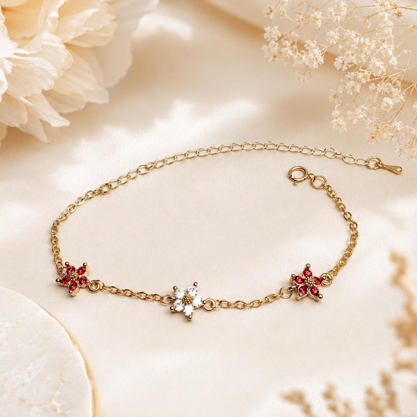 Elegant gold flower bracelet with Red and Clear Crystals Dainty Floral Chain Bracelet for Woman Minimal Jewelry Gift for Her