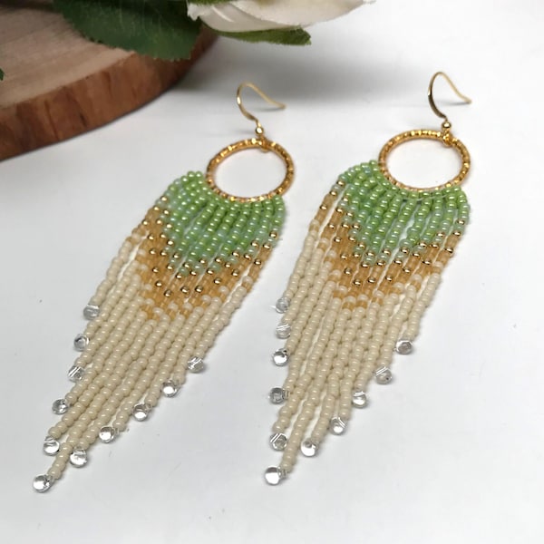 Handmade Beaded Fringe Earrings – Boho Gold, Green & Crystal