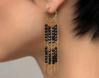 Black Crystal Beaded Hoop Earrings, Gold Chain Fringe, Long Dangle, Statement Jewelry, Elegant Evening Earrings