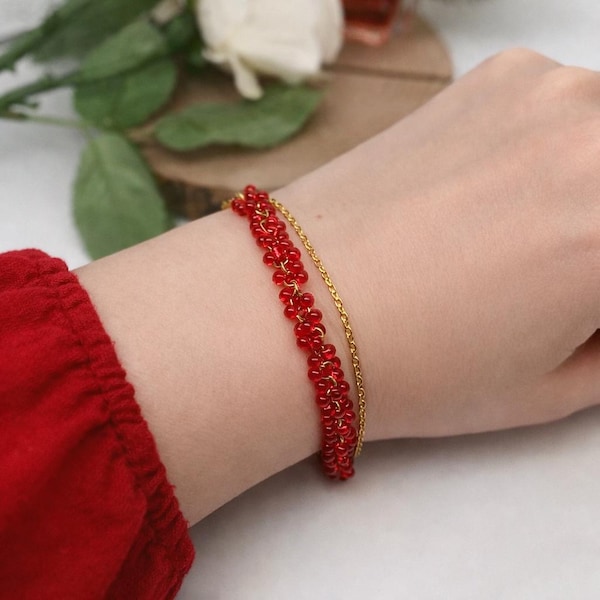 Beaded Bracelet with Gold Chain Handmade Glass Elegant Minimal Jewelry Gift for Her