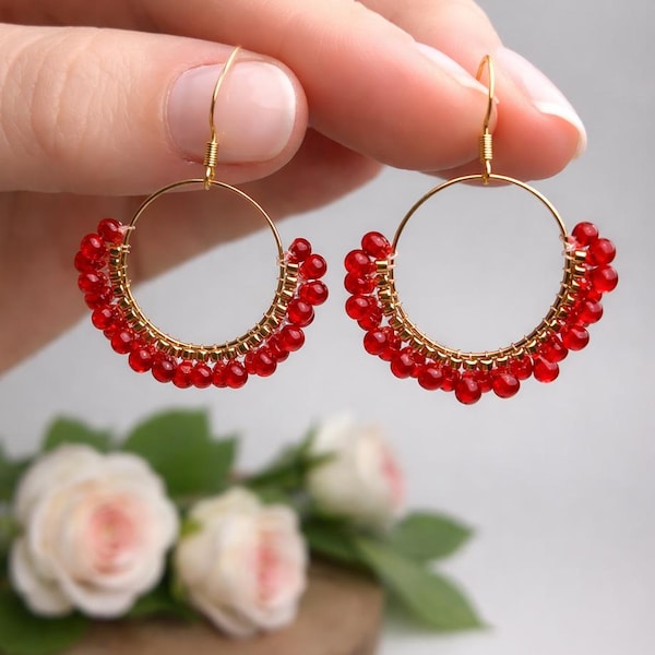 Beaded Gold Hoop Earrings Handmade Elegant Statement Gift for Her
