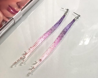 Ombre Beaded Earrings: Purple Pink Gradient Crystal Drops