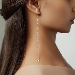 Silver long Earrings with small crystals on invisible string Drop Floating, Minimalist Jewelry, Lightweight Hypoallergenic Handmade