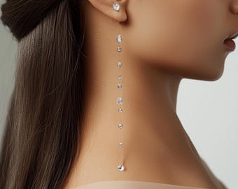 Silver long Earrings with small crystals on invisible string Drop Floating, Minimalist Jewelry, Lightweight Hypoallergenic Handmade