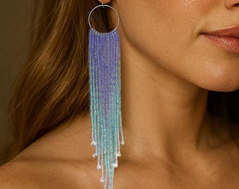 Handmade Ombre Lavender‑to‑Aqua Fringe Hoop Earrings • 14 cm Glass Seed‑Bead Statement • Boho Chic Dangle Gift for Her Summer Beach