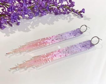 Ombre Beaded Dangle Earrings: Pink Purple Crystal Drop, Long Statement Jewelry