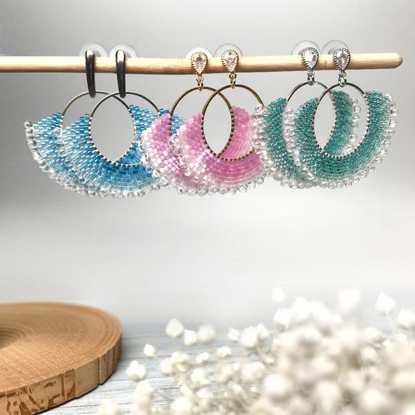 Beaded Crescent Hoop Earrings | Handmade Miyuki Glass Beads | Lightweight Statement Earrings | Bridal & Summer Jewelry