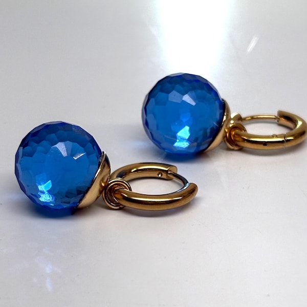 Swarovski Blue Crystal Hoop Earrings, Gold Hoop Dangle, Faceted Drop, Lightweight Elegant Jewelry Gift for Her