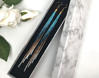 Handmade Long Beaded Tassel Earrings – Blue Ombre Statement Earrings, Lightweight Boho Jewelry