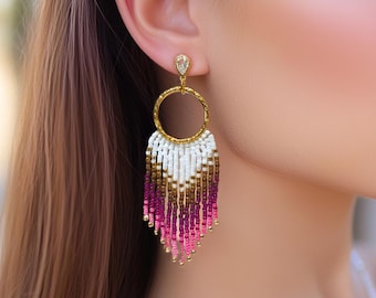 Handmade Ombre Seed Bead Fringe Earrings: Boho Gold Hoop Jewelry
