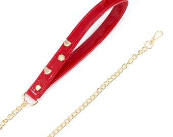 Red Heart Figures, Gold Chain Dog Leash, Red Vegan-friendly Leather Handle, Golden Chain Lead,Anti-bite Dog Leash, Handmade,Red Leather Lead