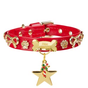 Red Vegan-friendly Leather Dog Collar With Gold Plated Bow, Customized Name Tag, Xmas Dog Collar, Small Dog, Collar with a bow for girls