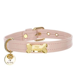 Coleira básica de couro vegano rosa para cachorro com etiqueta de nome, coleira para cachorro com osso, coleira minimalista personalizada para cachorro, coleira para gato com etiqueta de nome
