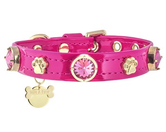 Hot Pink Swarovski Dog Collar,Swarovski Crystal Hot Pink Dog Collars, ID Name Tag, Custom Small Dog Collars, Designer Dog Collar, Girls,Pink