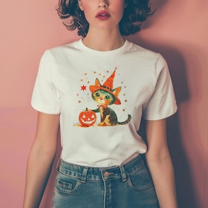 Vintage Cat Shirt, Halloween Tee, Spooky T-Shirt, Animal Lover Retro Kitty Clothing Vintage Kitsch Aesthetic Funky Cat Stuff Cute Kittens