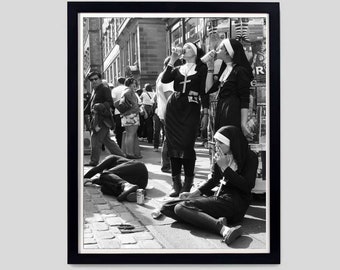 Nuns Drinking Poster – Black and White Retro Photo Print, Feminist Art, Digital Download for Bar Decor, and Funny Art Printable