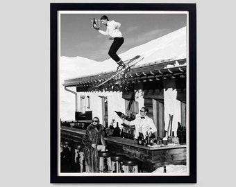 Vintage Skiing Poster, Black White Wall Art, Apres Ski Decor, Bar Cart Print