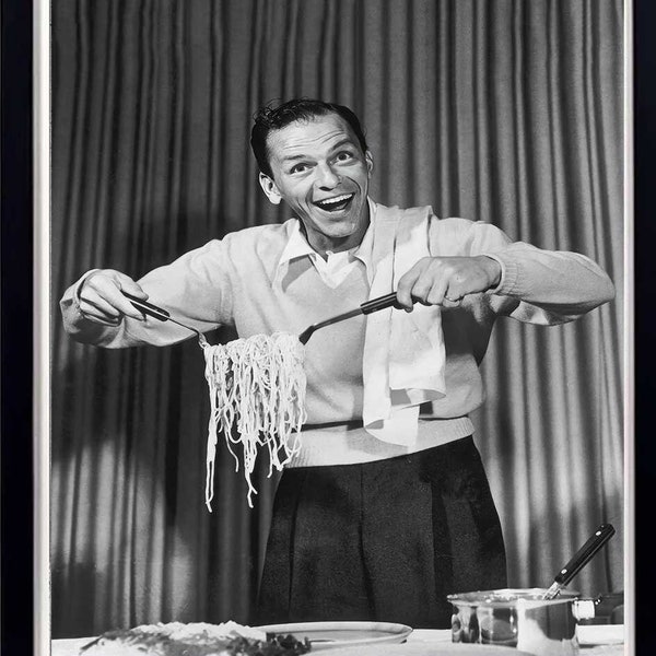 Vintage Black and White Frank Sinatra Eating Spaghetti Poster - Pasta Photography, Kitchen Wall Art, Restaurant Decor, Cafe Decor