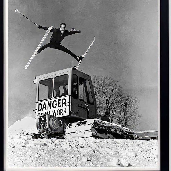 Jumping over Snowcat Vintage Skiing Photo | Bromley Mt. Vermont | Classic Ski Art | Antique Aesthetics Wall Decor for Ski Lodges|Ski Poster