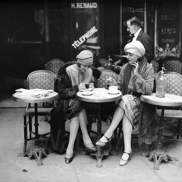 Feminist Art | Flapper Girl | Roaring 20s | Vintage Photo of Two Women Enjoying a Parisian Café | French Decor | French Art
