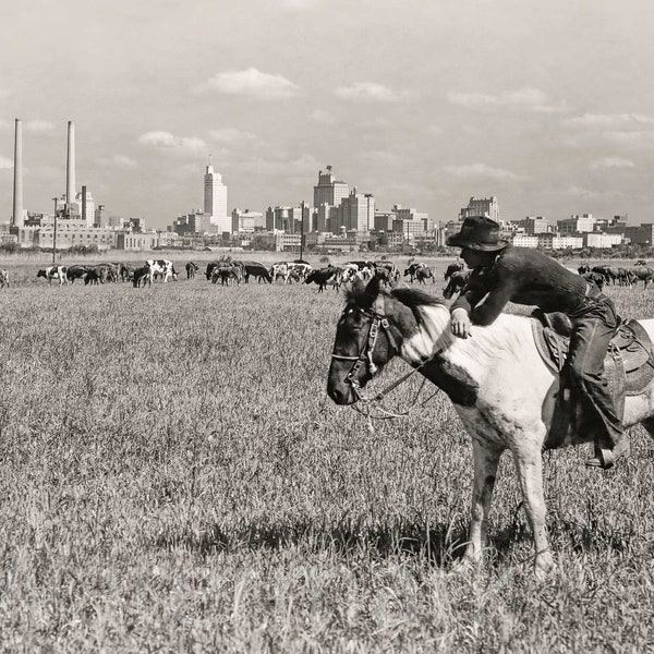 943 Dallas Texas, Old Texas Photo, Black and White Cowboy & Horse Photo, Art Print Skyline, Photo Art Print, Photography